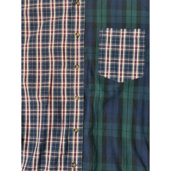 Izod Plaid Mixed Patchwork Button Down Fun Shirt Men Medium Green Blue Tartan - Picture 3 of 8